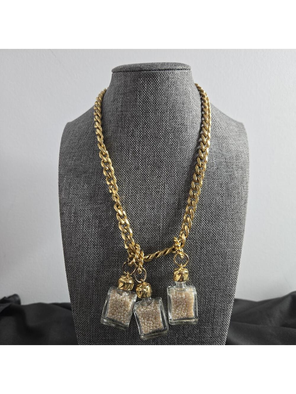 Vintage Monet Charm Necklace Gold Tone Chain Glass Seed Bead Bottle Charms